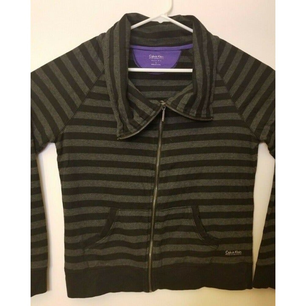 Calvin Klein Womens LARGE Grey Black Full Zip Performance Quick Dry LS Swaeter